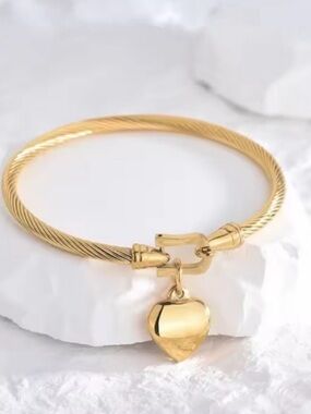 Anthropologie Gold Twisted Cable Bracelet with Heart Charm